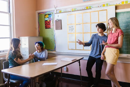 Students interacting in a high school classroom with a focus on engagement and collaboration.